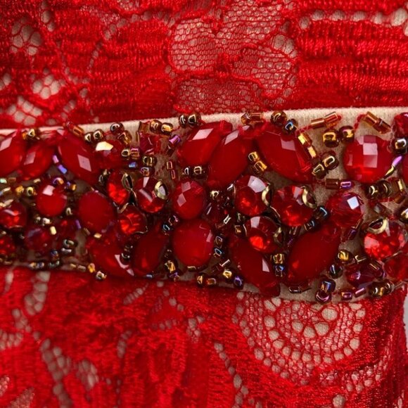 Fengye Loman Red Beaded Lace Floor Length  Prom Dress 8 - Picture 8 of 12